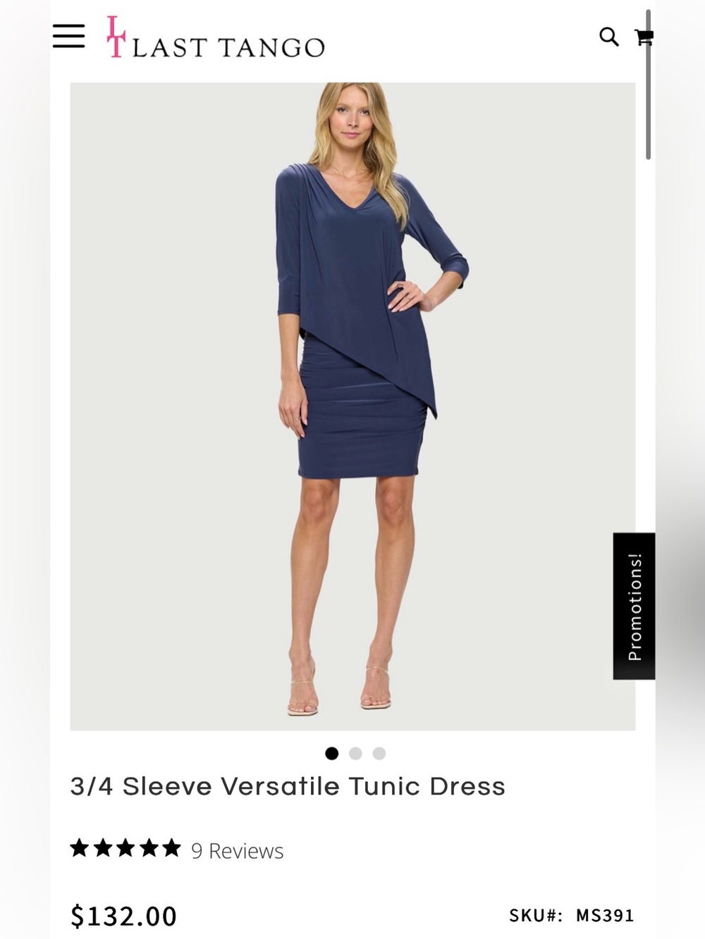 Last Tango 3/4 Sleeve Versatile Tunic Dress — Color: Metal Size: Small  (NEW)